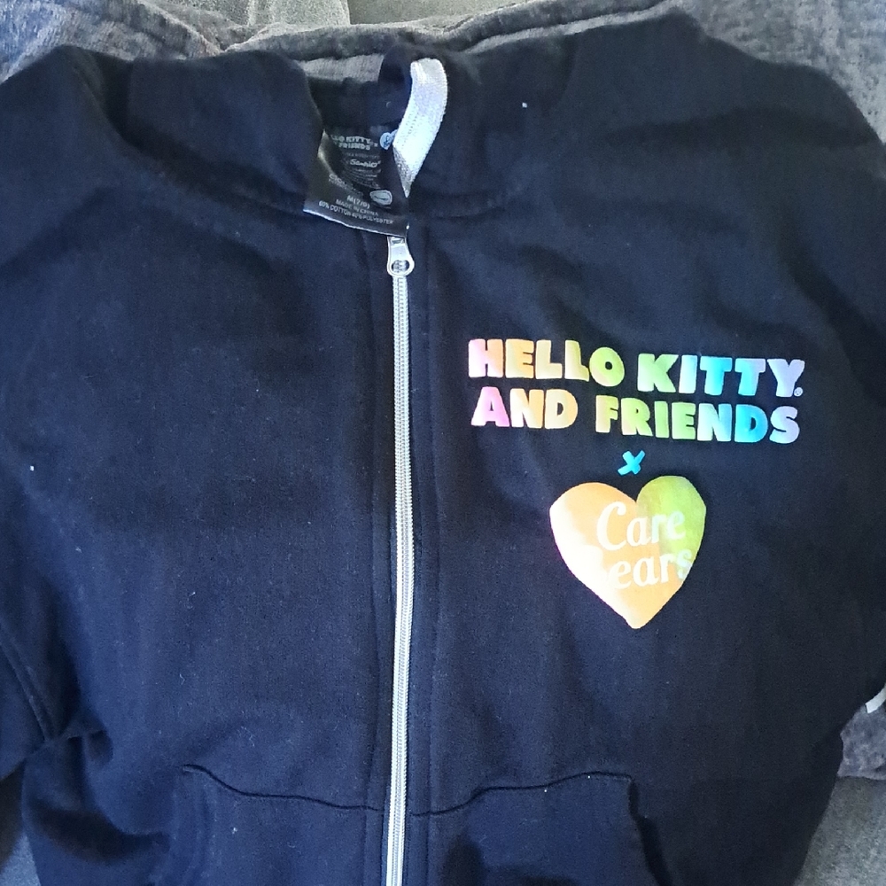 Sanrio Black Hoodie with Colorful Hello Kitty and Care Bears Design